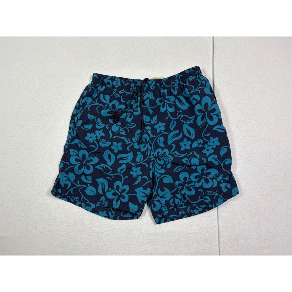 St Johns Bay Mens Medium Floral Hibiscus Swim Trunks Navy Blue Teal Mesh Lining